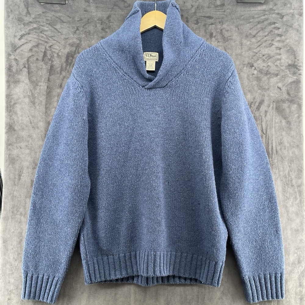 L.L.Bean Men's M Blue Wool Shawl Collar Sweater Leather Elbow Patches